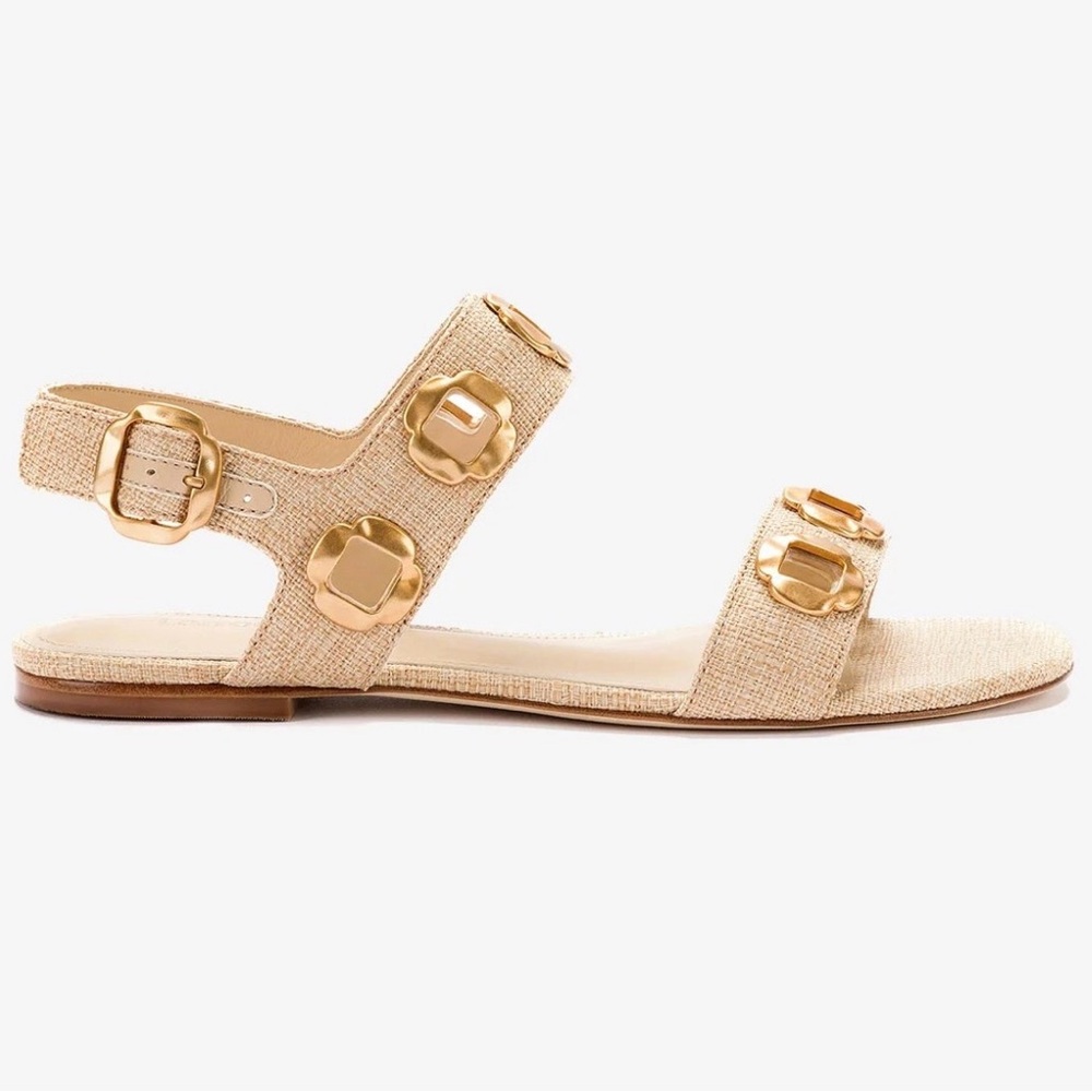 Larroude Beige Gold Buckle Flat Sandals